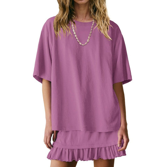 Women's Casual Two-piece Set Crew-neck Short-sleeve Top And Skirt