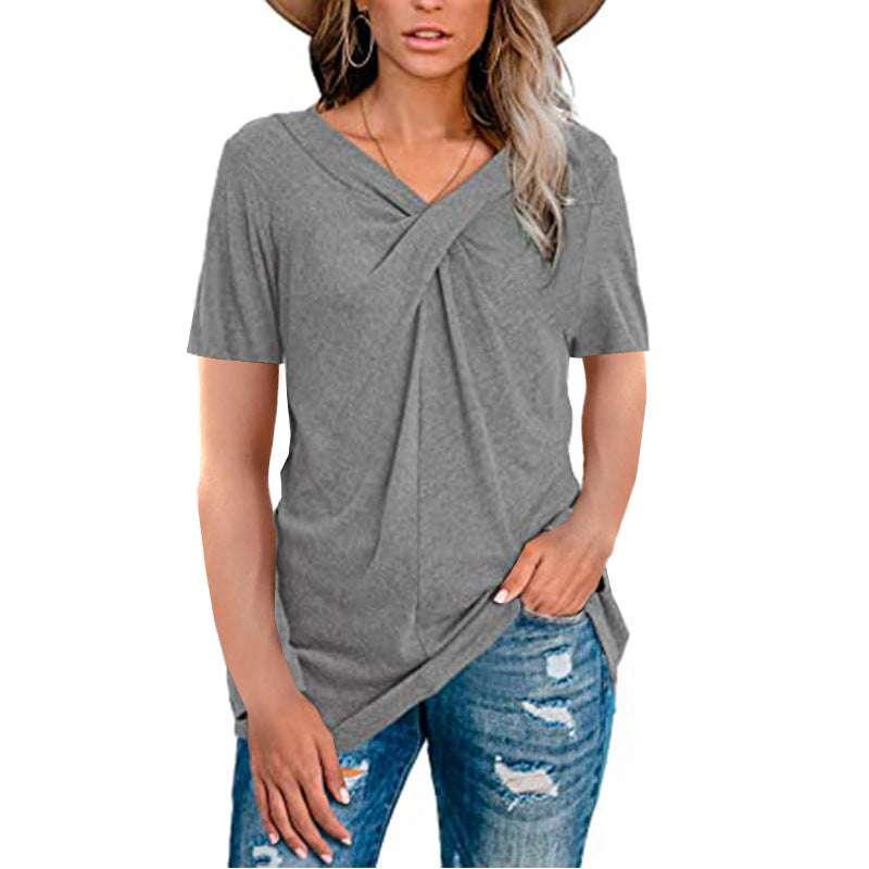 Women's V Neck Short Sleeved Neckline Kink Casual T Shirt