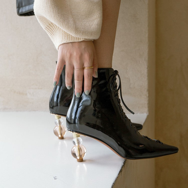 Women's Lace-up Zippered Crystal Heel Leather Martin Boots