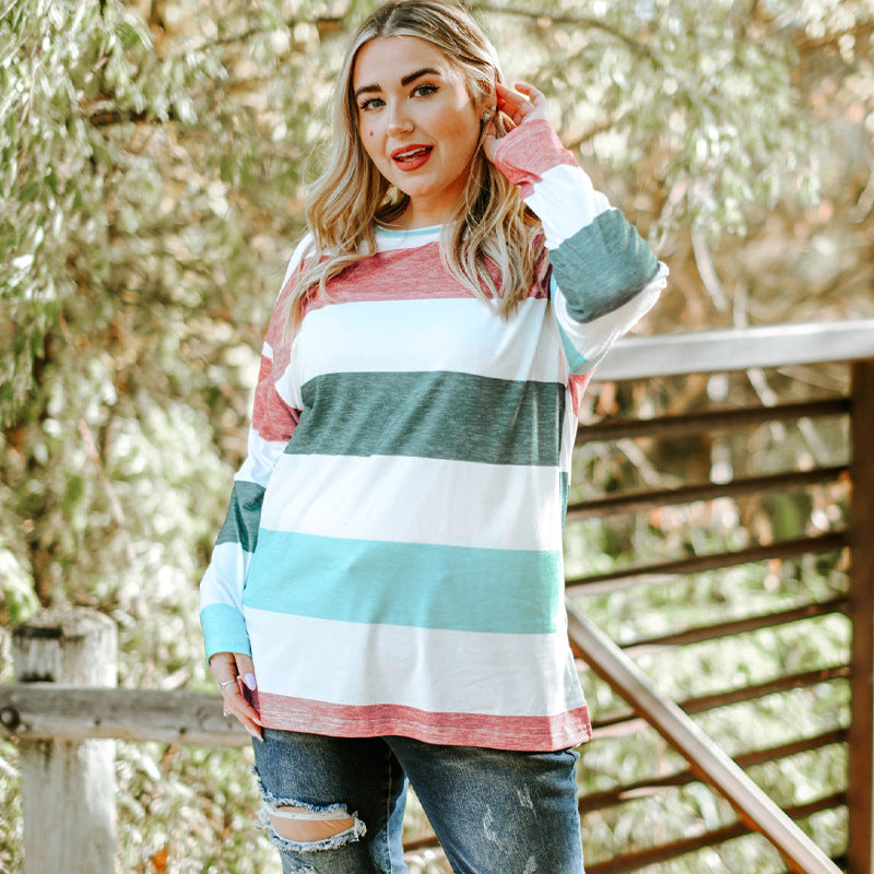 Green Plus Size Color Block Loose Long Sleeve Top