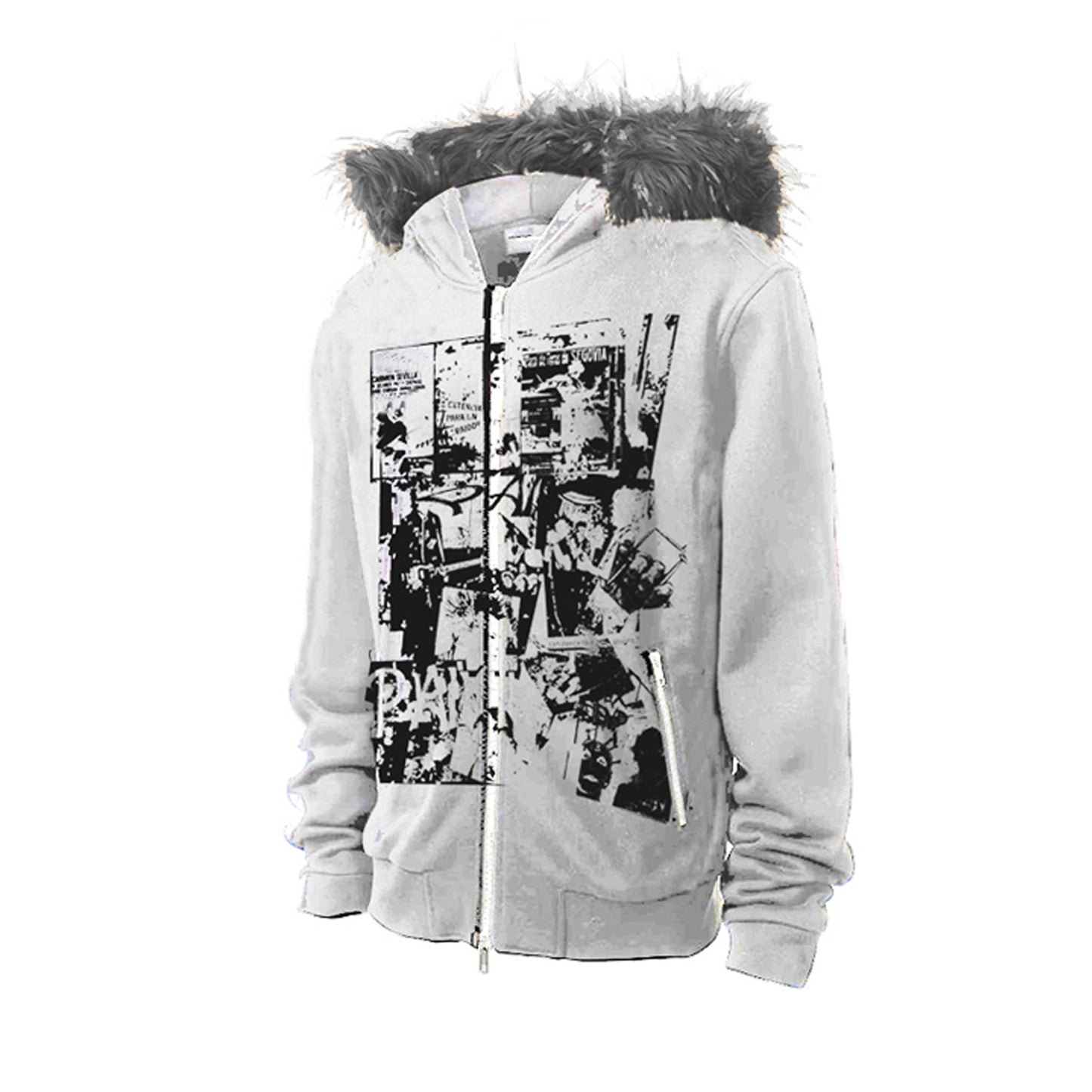 Printed Long Fur Collar Slim-fit Hood Zipper Cardigan Sweater Coat
