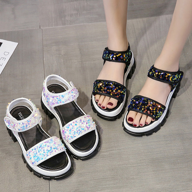 Daddy Sports Sandals Women's Sequined Sponge Cake Thick-soled Velcro Beach Sandals
