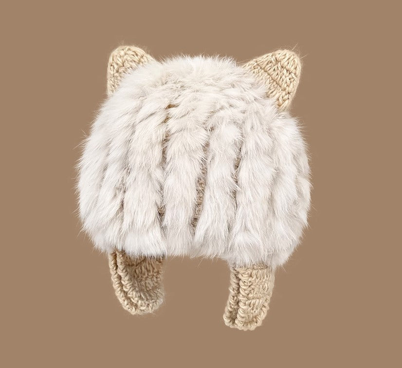 Japanese Cute Cat Ears Plush Rabbit Fur Knitted Sleeve Cap Female