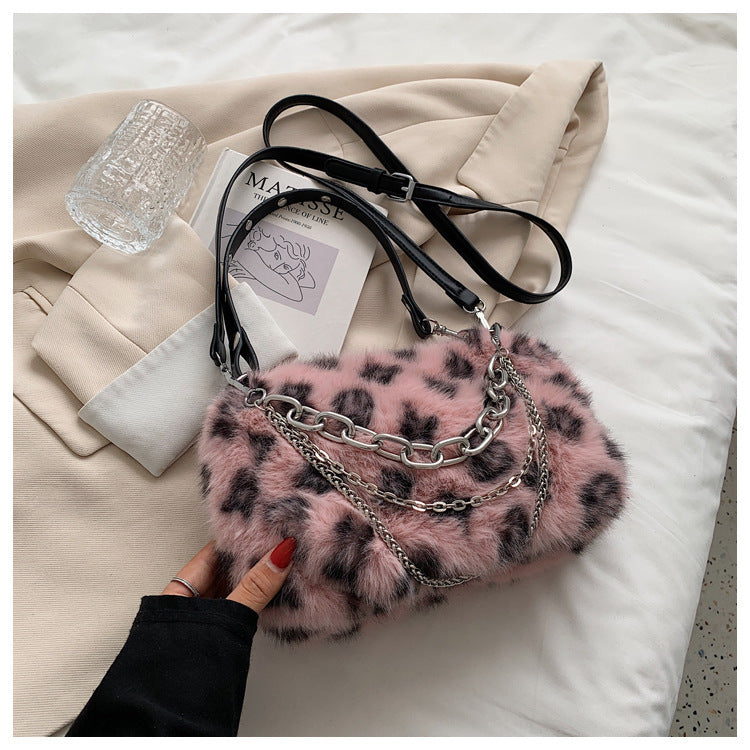 Leopard Pattern Plush Chain Stick Bag Casual