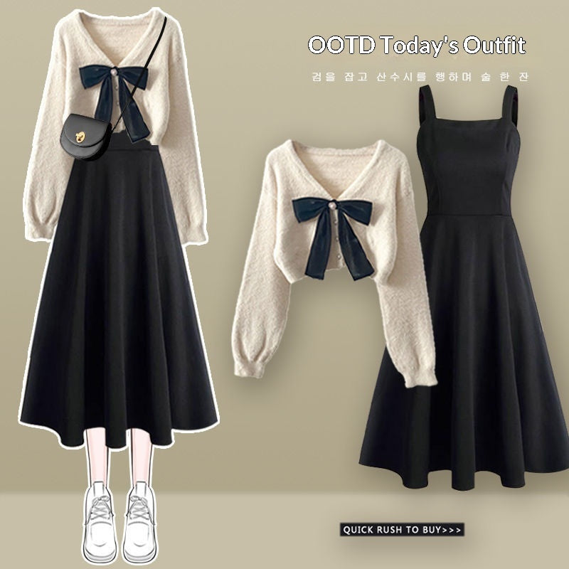 Slimming Sweater And Versatile Slip Dress Two-piece Set