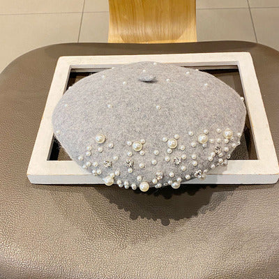 Ladies Small Fragrance Pearl Rhinestone Wool Beret