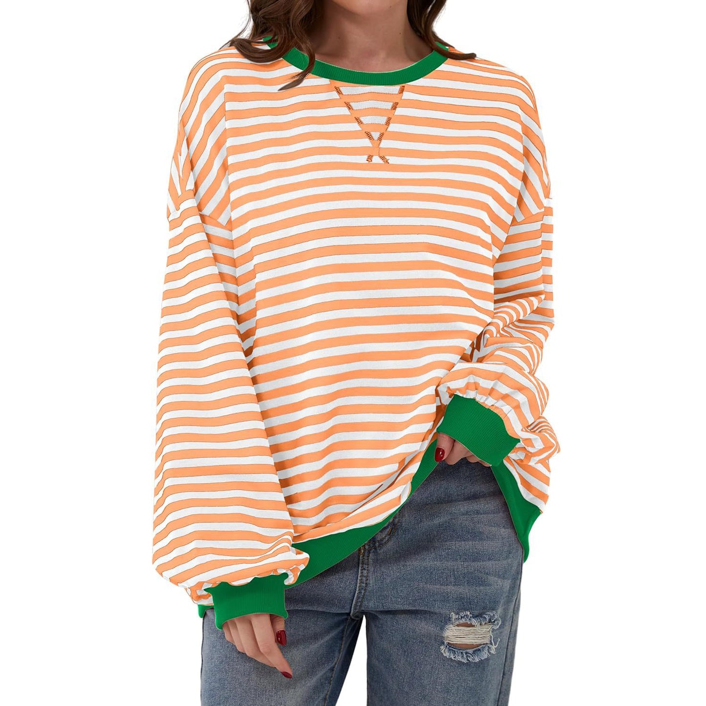 Løs stribet langærmet T-shirt afslappet pullover sweater til dametøj
