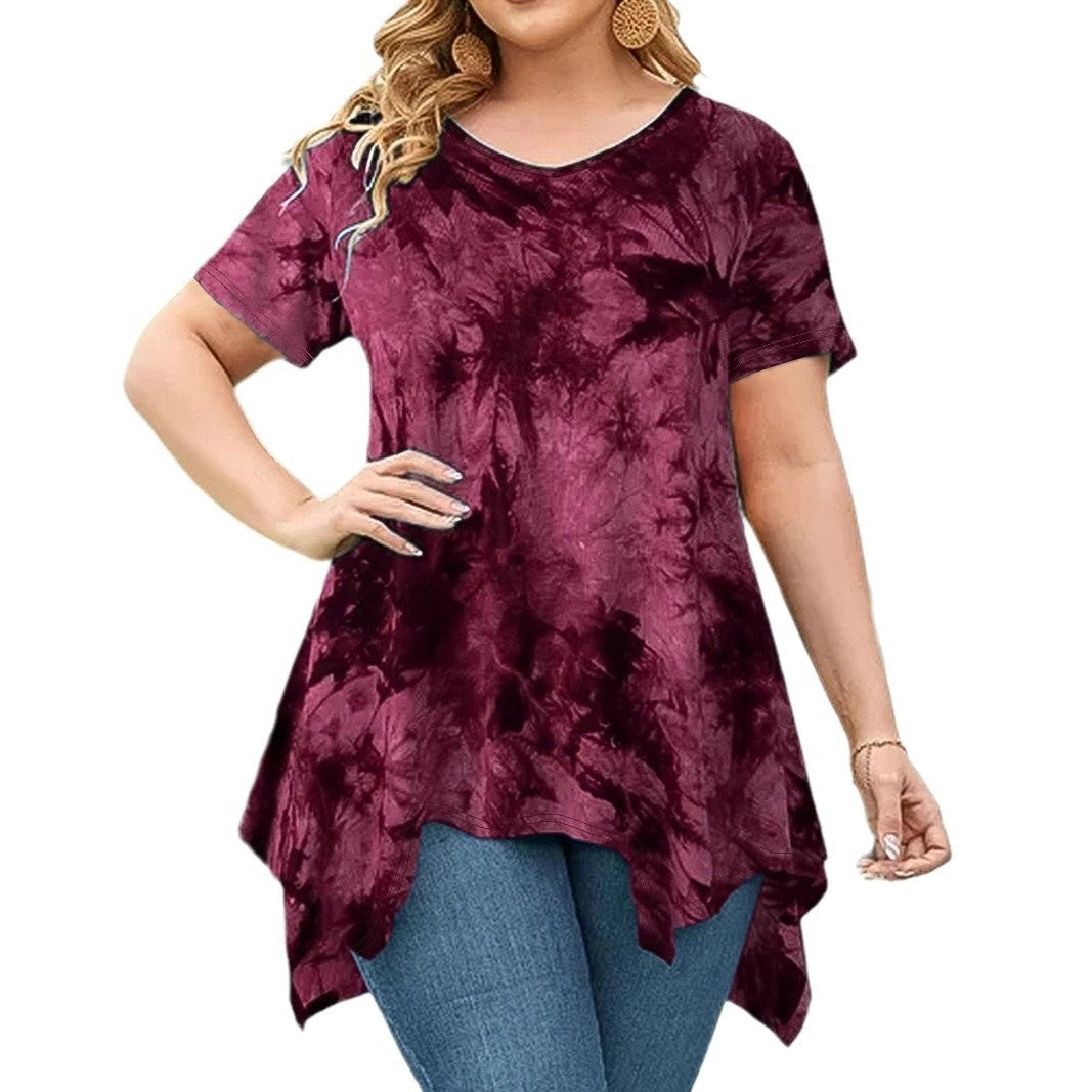 Tie-Dye V-hals Asymmetrisk Kant Kortærmet Løs Top