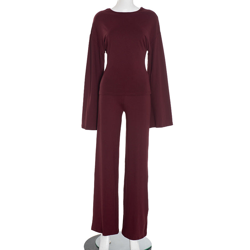Women's Crew-neck Long-sleeve Straight-leg Pants Set