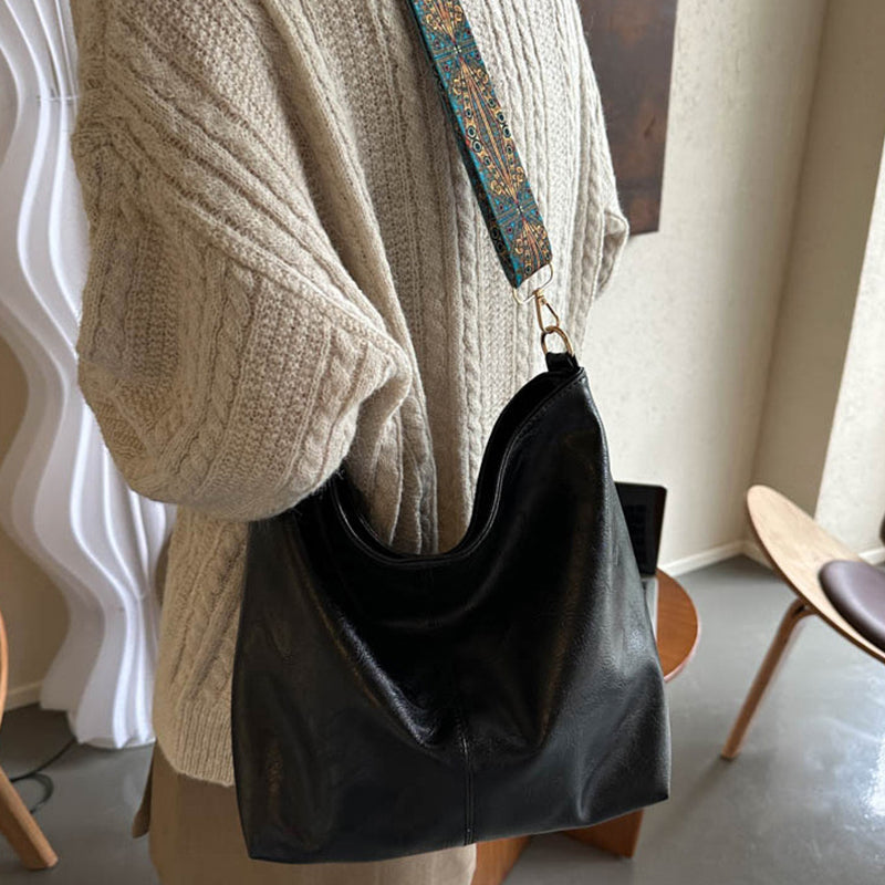Skuldertaske til damer med bred skulderrem i etnisk stil, Ins stor kapacitet, spandformet skuldertaske, modetaske