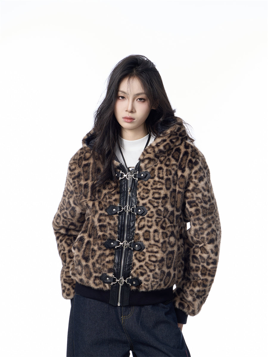 Hættetrøje Dame Løs Tyk Leopardprint Fuldprint Design Gadejakke