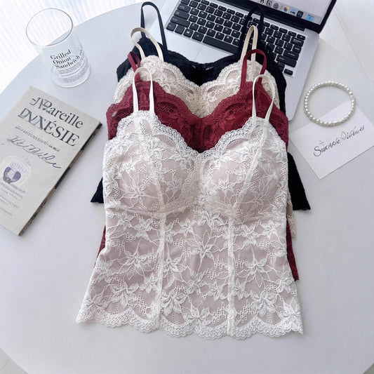 French-style Demure Lace-lined Velvet Camisole For Women