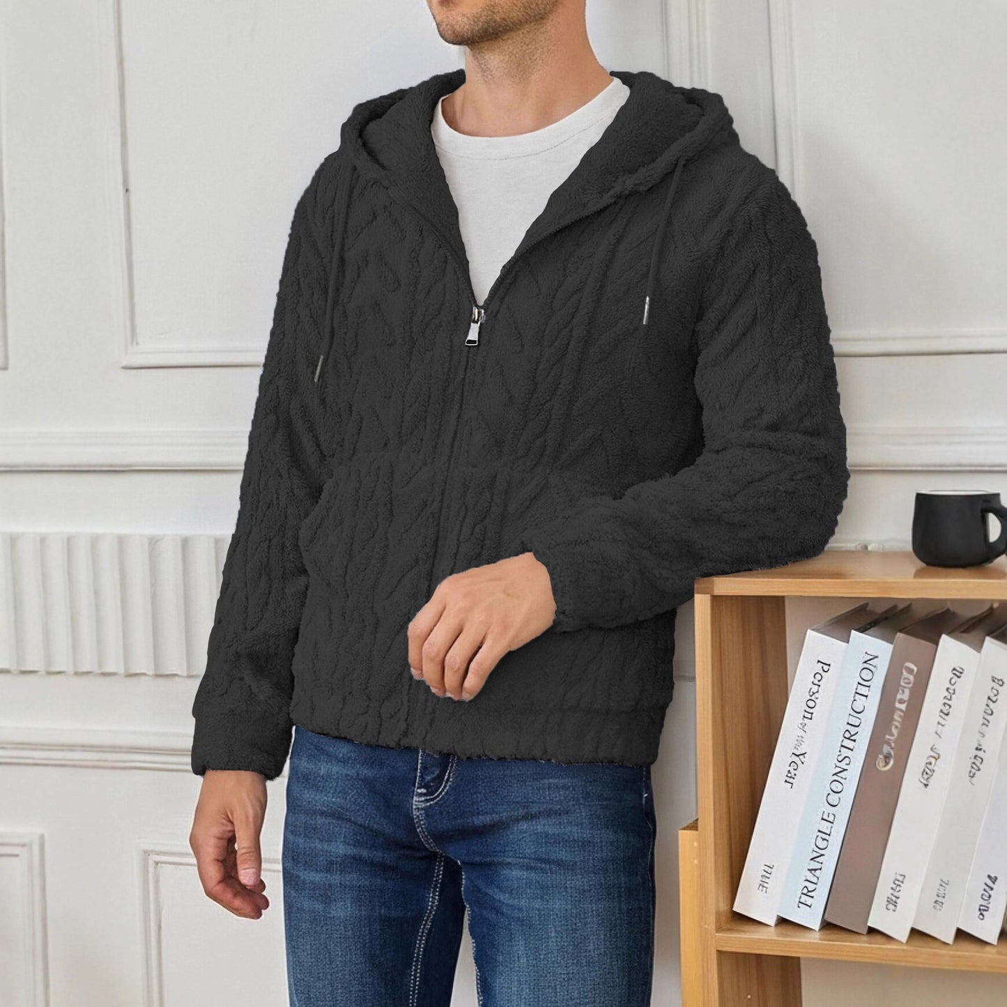 Textured Casual Hooded Top Cardigan Sweatshirt Jacket