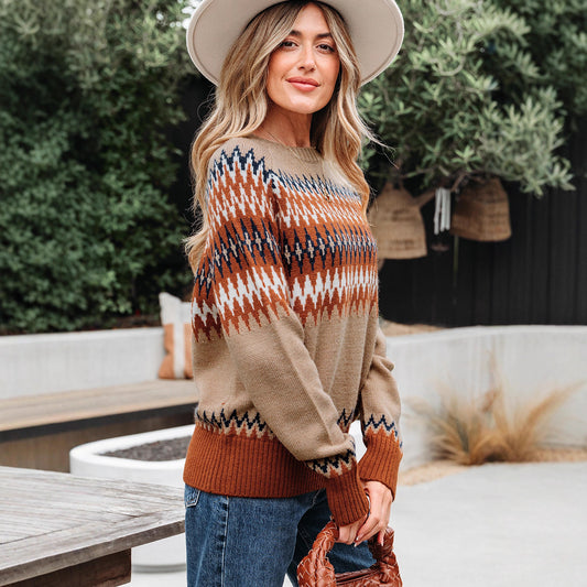 Women's Striped Contrast Color Pullover Vintage Long-sleeved Sweater