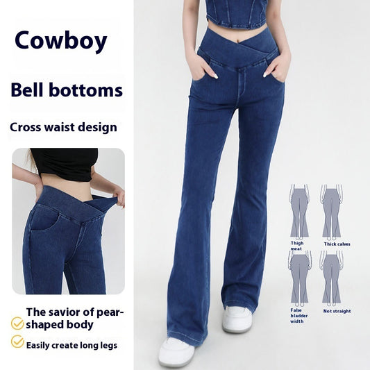 Cross Waist Jeans Dame Høj Elastisk Hofteløftende Sports Trompetbukser