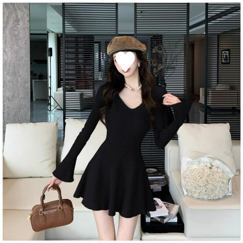 Womens Solid-Color Versatile Fashionable Slimming Long-Sleeve Dress