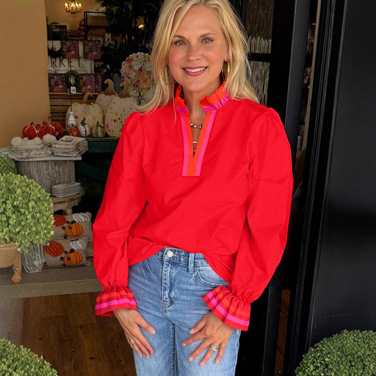 New Ruffled Loose Casual V-neck Long-sleeved Top
