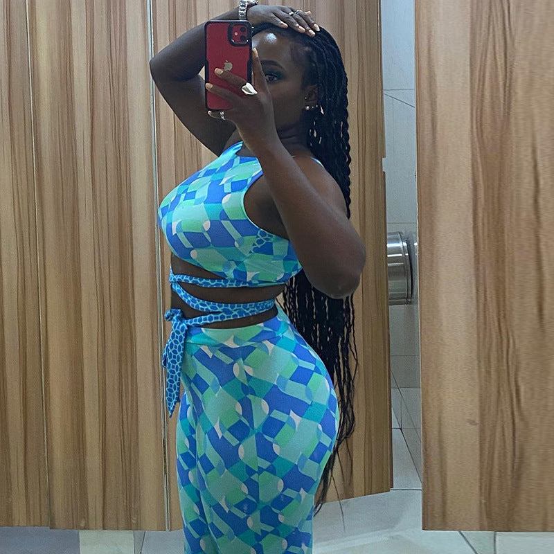 Sleeveless Pantsuit Loose-fitting With Drawstrings Midriff-baring Two-piece