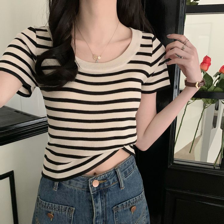 Casual Short-sleeved Slim-fit Striped T-shirt