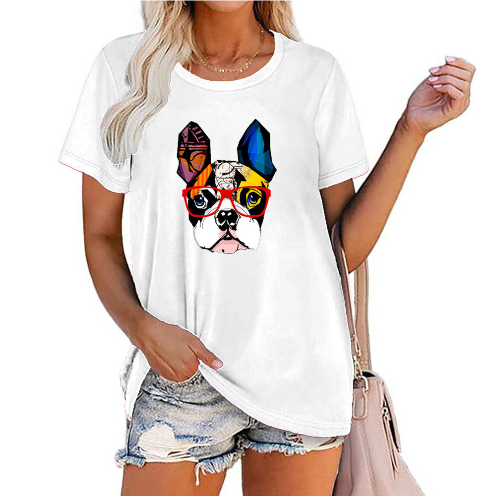 New European And American Dog Print Top With Glasses Short Sleeve