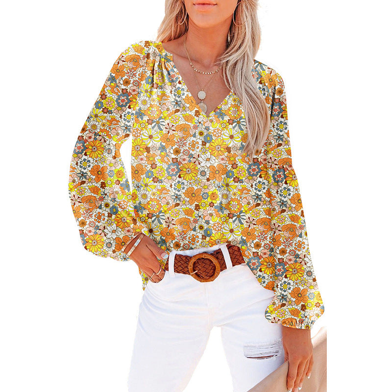 Dames Floral Chiffon Skjorte Løs V-hals Casual Top