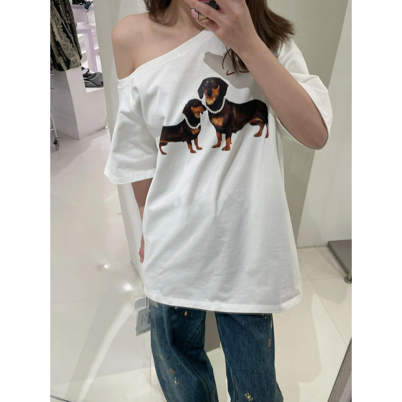 Women's Short-sleeved T-shirt With Oblique Shoulder Printed Loose Sweet And Spicy Off-shoulder