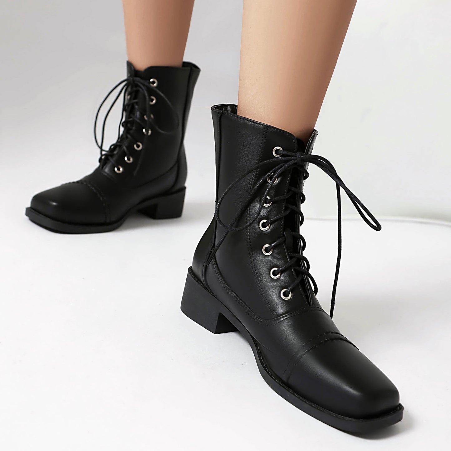 Womens Comfortable Lace-Up Square-Toe Outdoor Motorcycle Boots