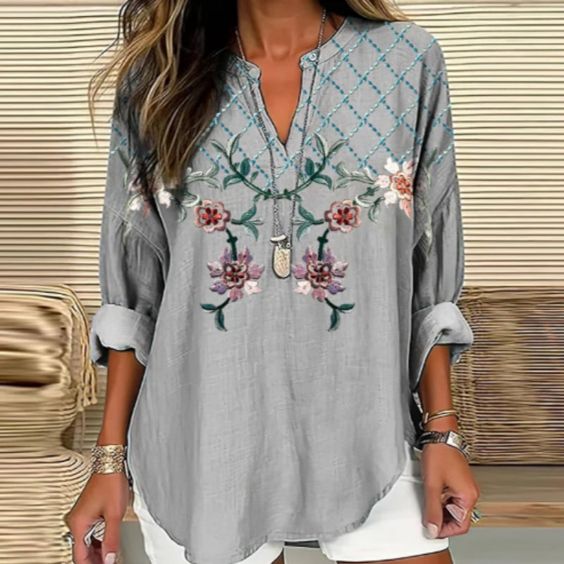 Women's Floral V-neck Linen Blend Loose Blouse