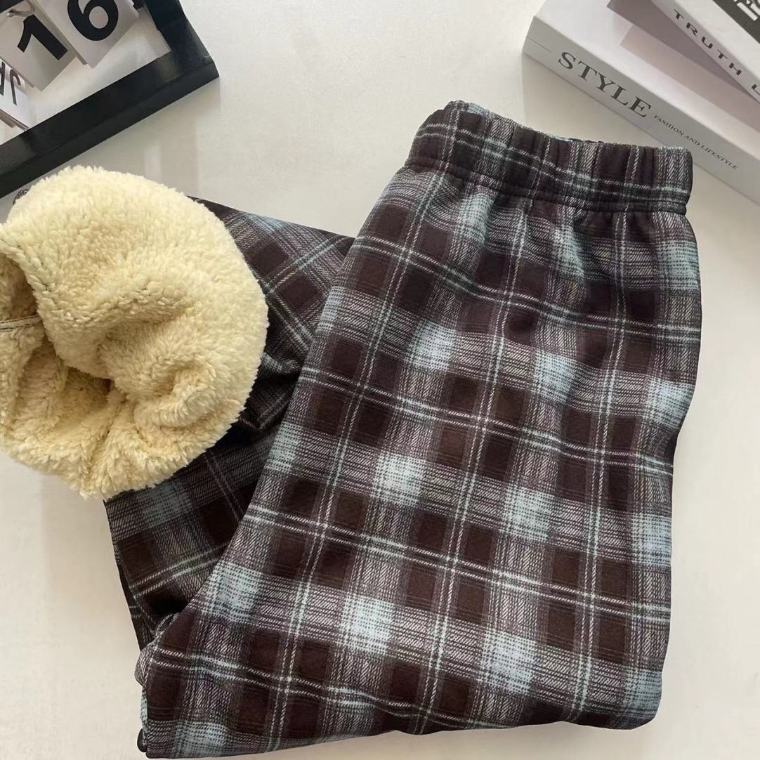 Winter Christmas Leopard-Print Shearling Plaid Pants