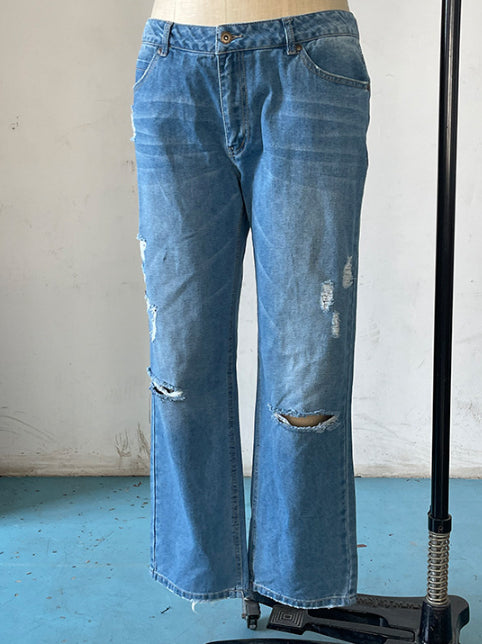 Women's Denim Trend Mid Waist Ripped Leisure Straight-leg Pants