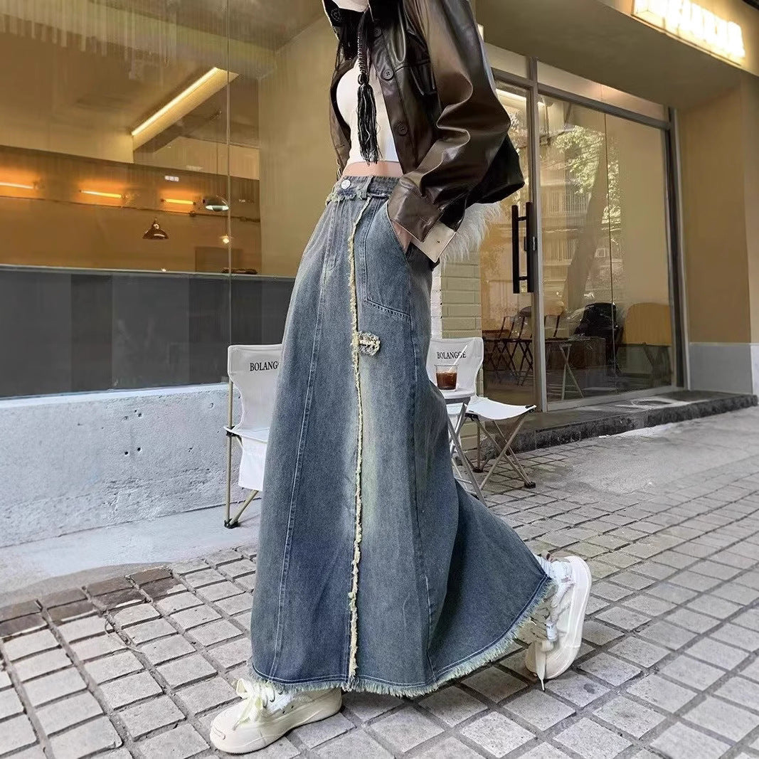 Autumn Design Sense Niche Frayed Retro High Waist Denim Skirt For Women