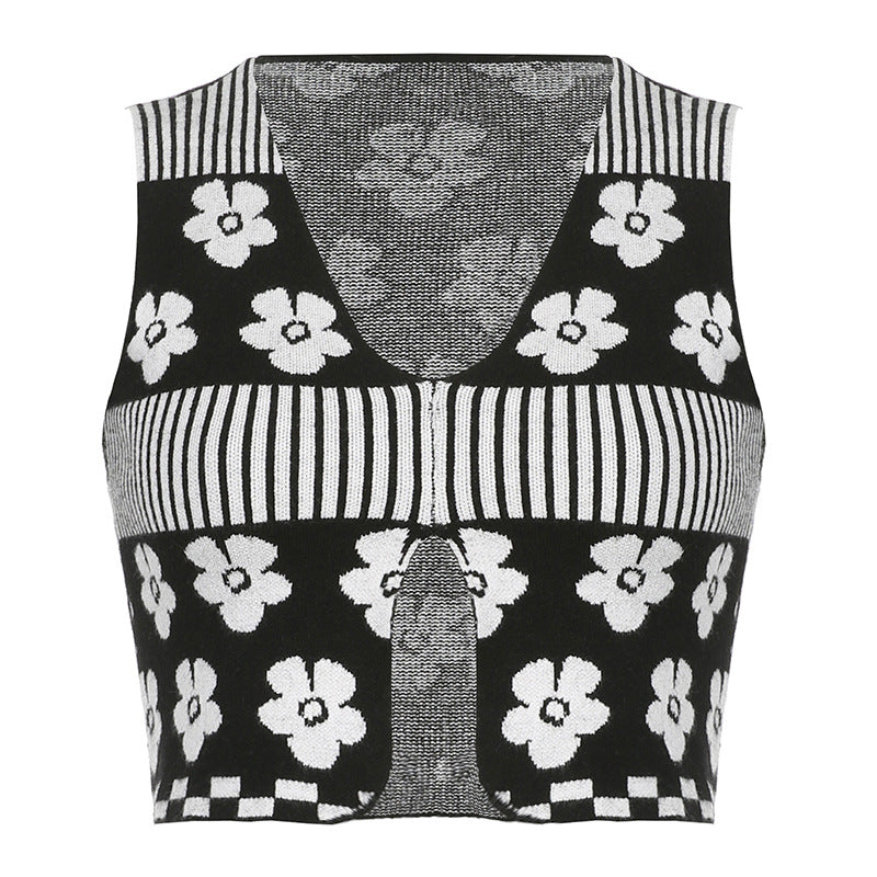 Fashion Floral Black-and-white Contrasting Split Wool Vest