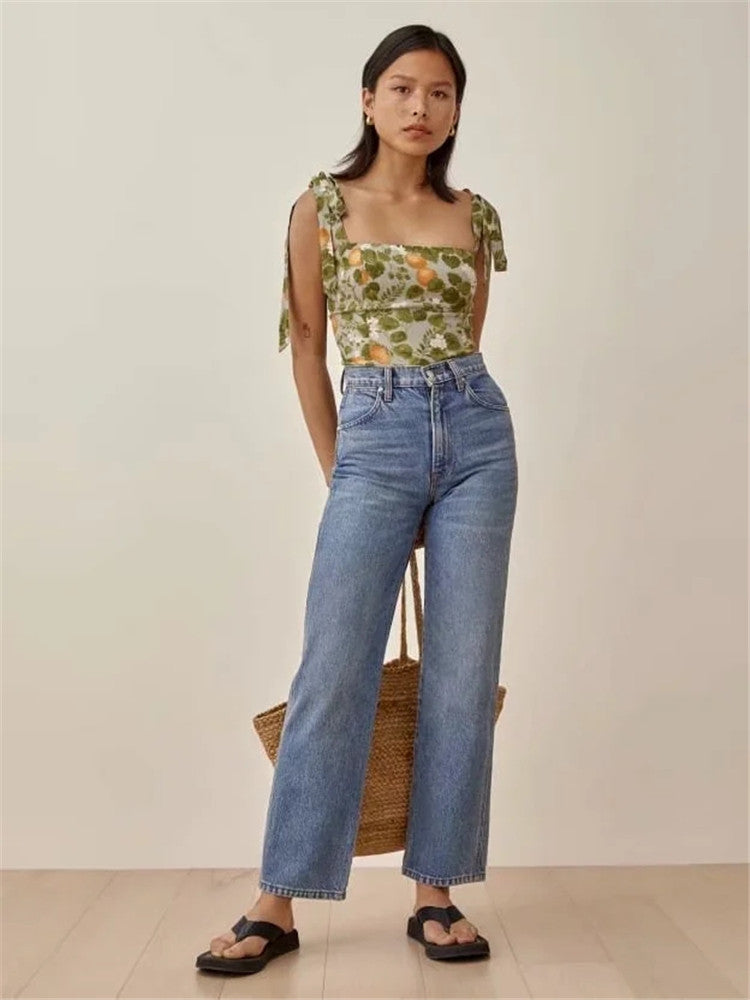 French Vintage Sweet Print Camisole Slim Fit Cropped Tank Top