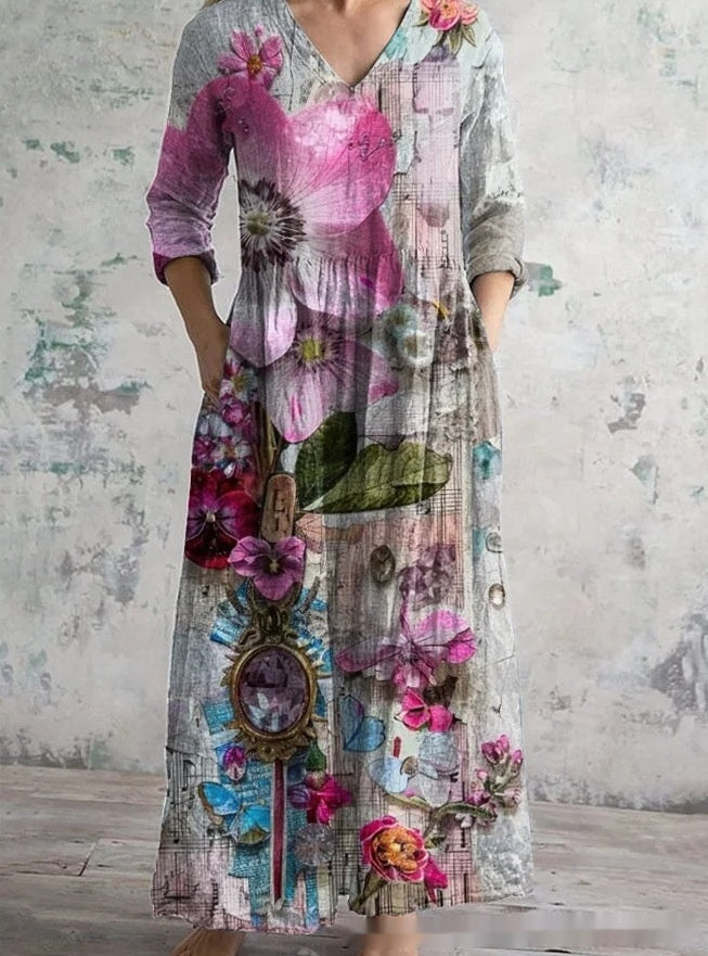 Womens 3D Floral Print Mid-Length Sleeve Dress With Patterned Background