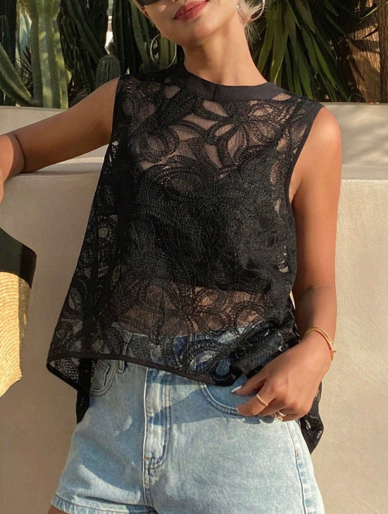 French Lace Vest Round Neck Womens Top
