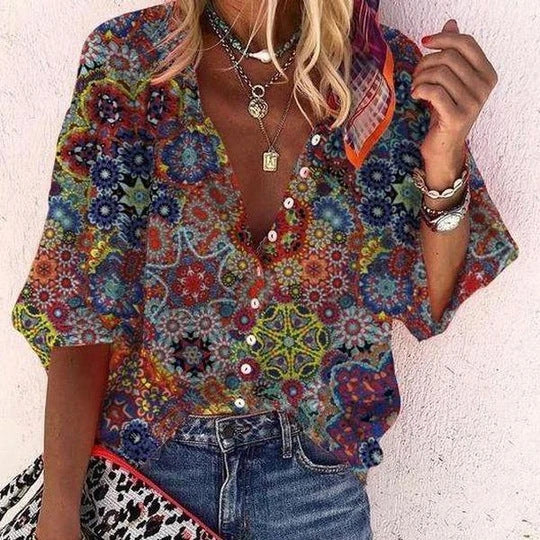Women's V-neck Long Sleeve Stand Collar Printed Sweet Blouse