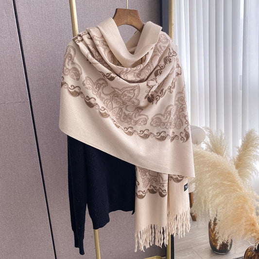 Womens High-End Warm Dual-Use Embroidered Tassel Shawl