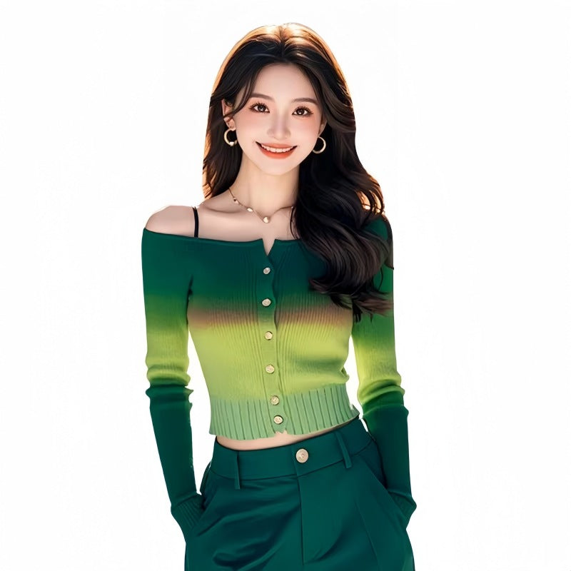 Gradient Contrast Off-shoulder Sweater Women's Clothing