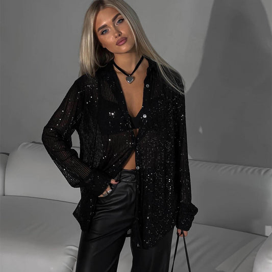 Sequin Lapel Long Sleeve Shirt