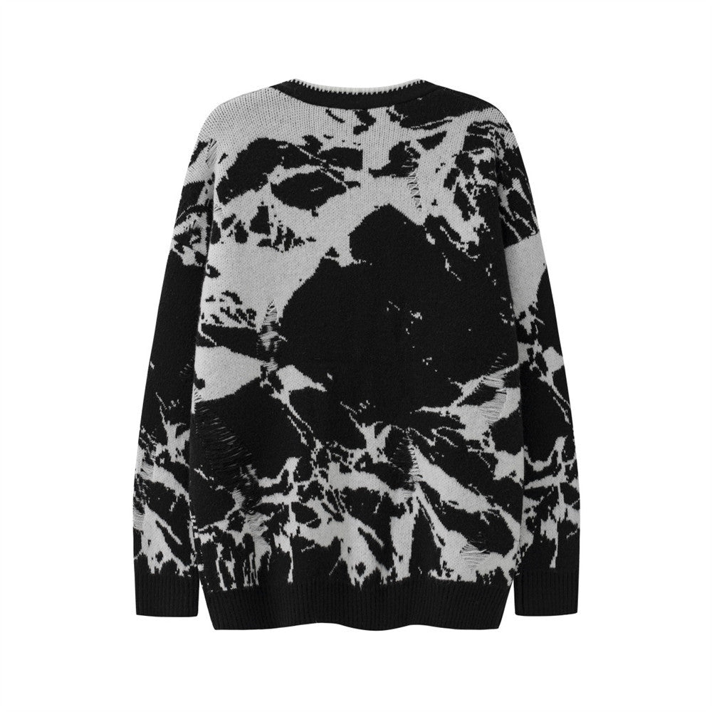 Color Contrast Stitching Jacquard V-neck Knitted Cardigan Men's Loose Long-sleeved Sweater Coat