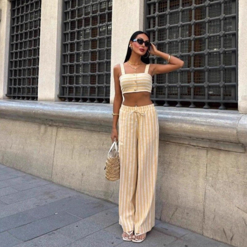Color Block Camisole And Stylish Elastic Drawstring Pants Two Piece Set