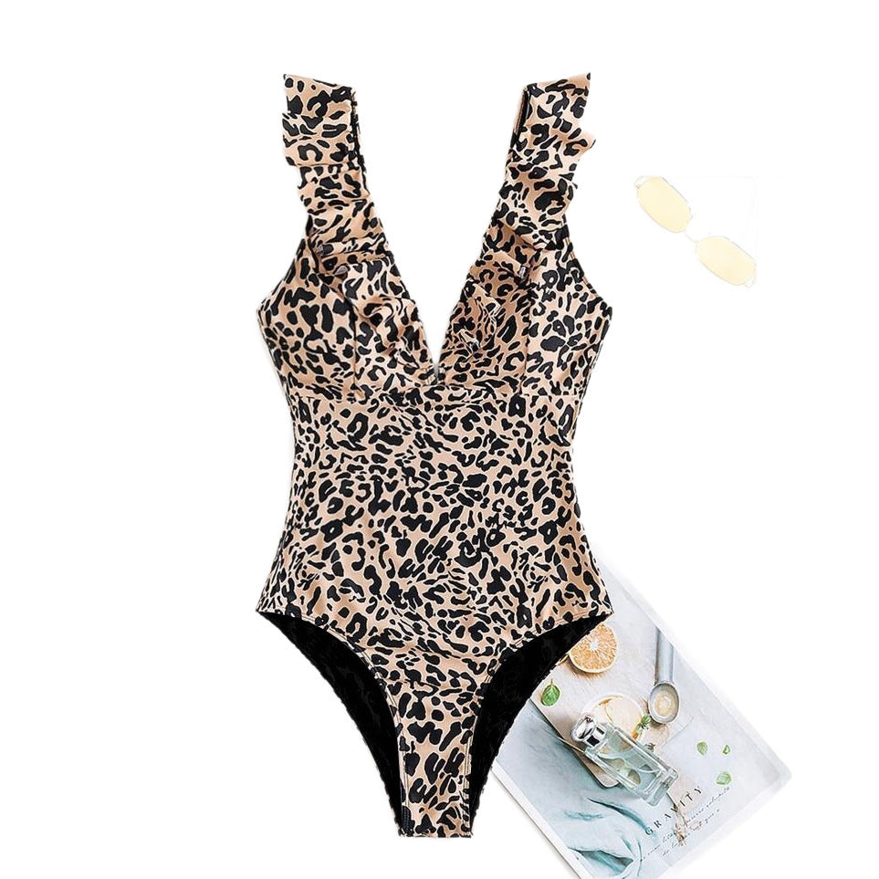 European And American-style Leopard-print Modest Full-Coverage Slimming Womens Ruffled Beach Spa Swimsuit