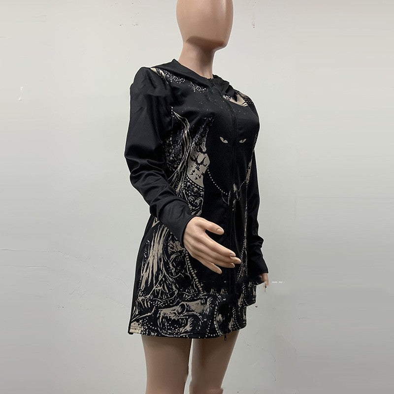 Printed Casual Loose Long Sleeve Hooded Jacket