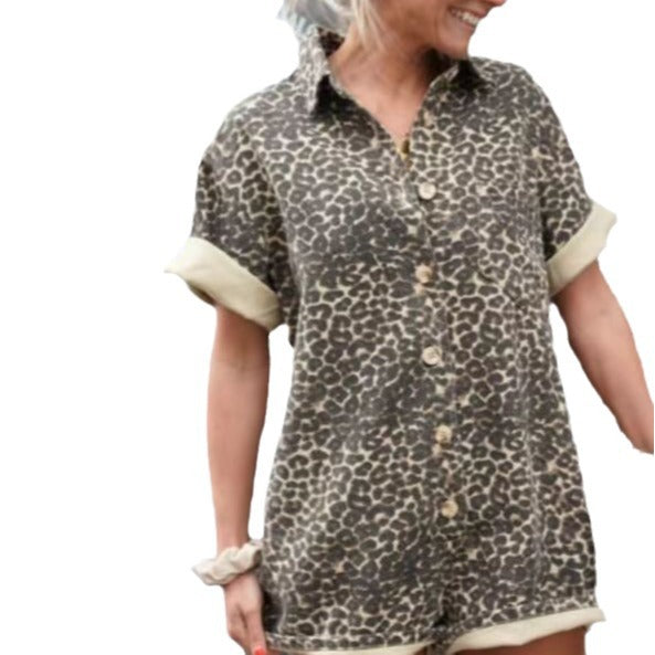 Women's Summer Printed Vacation Style Lapel Design One-piece Shorts