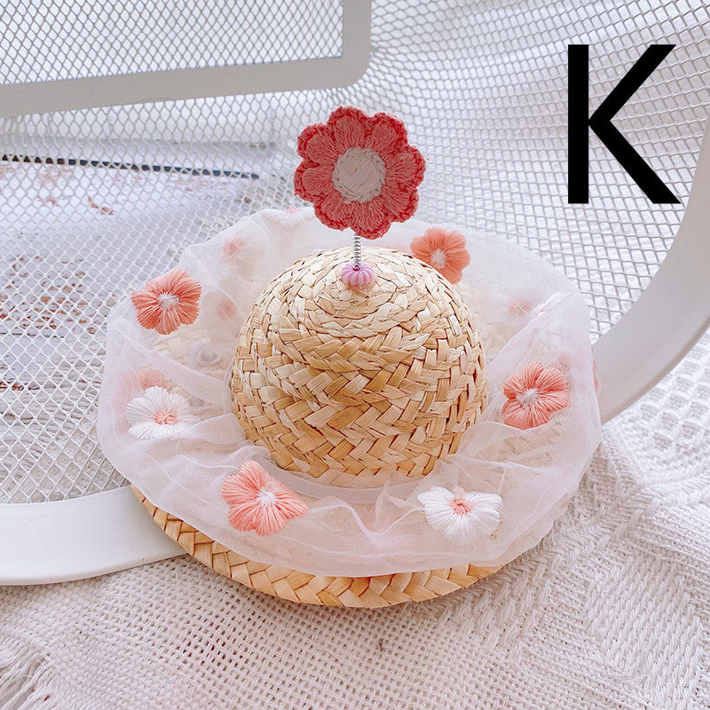 Pet Cute Knitted Straw Hat Flower Hat Cat Dog Photo Props
