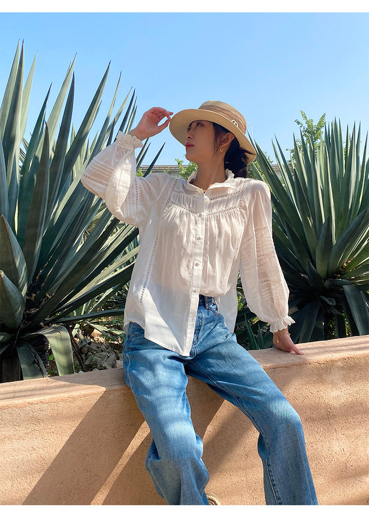 French Style White Shirt Women's Long Sleeve Elegant Cotton Loose