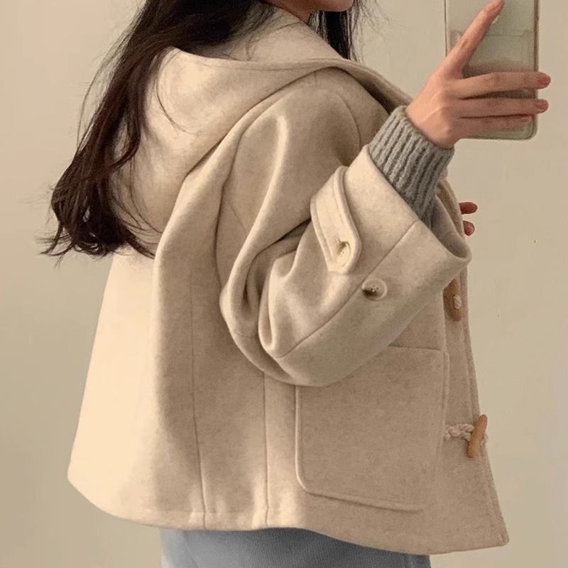 Horn Button Design Large Pocket Loose Versatile Hooded Woolen Short Coat
