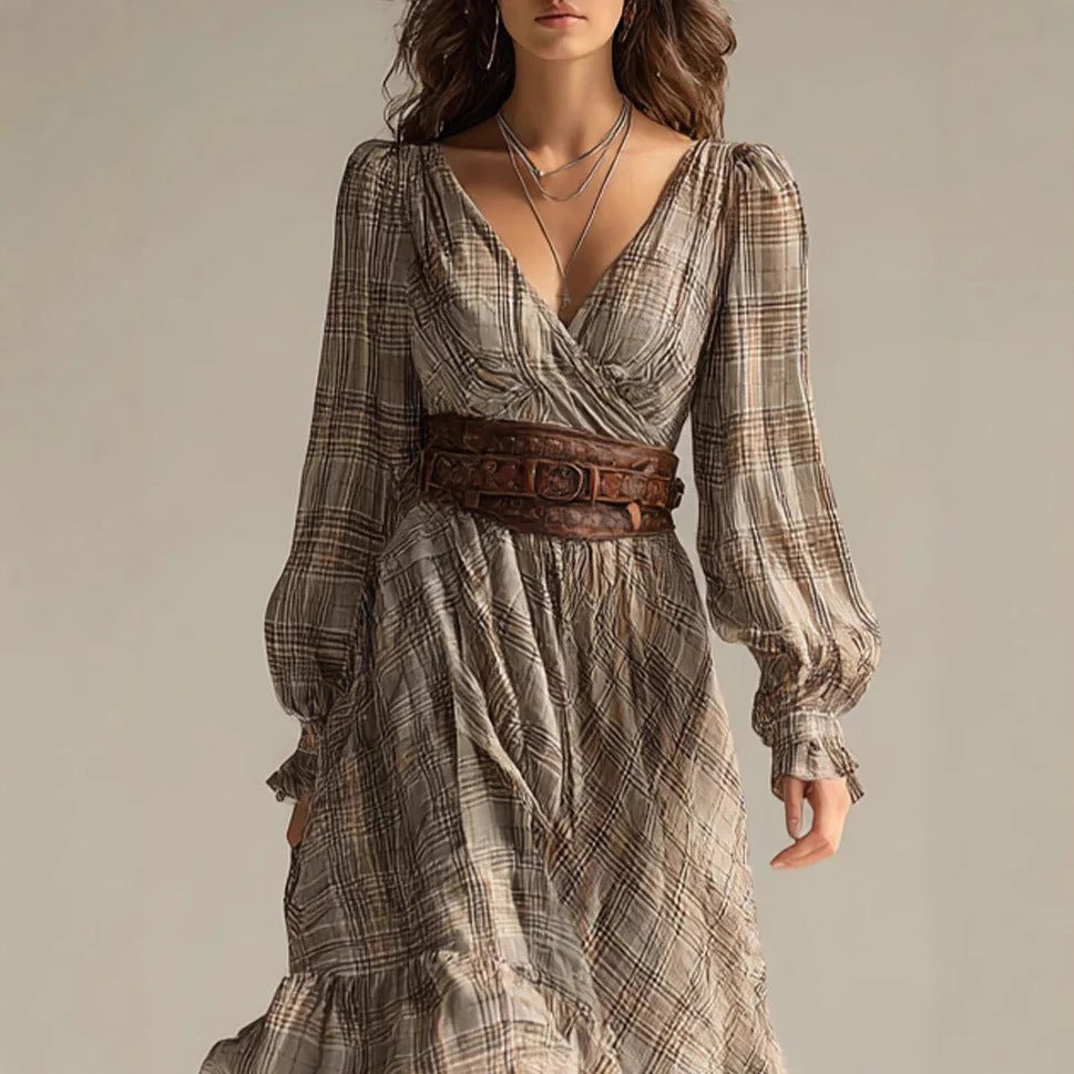 Plaid V-neck Long-sleeve Dress With Ruffled Hem