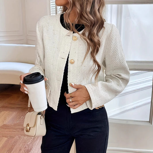 Milky White O-neck Short Slimming Elegant Lady Wool Coat