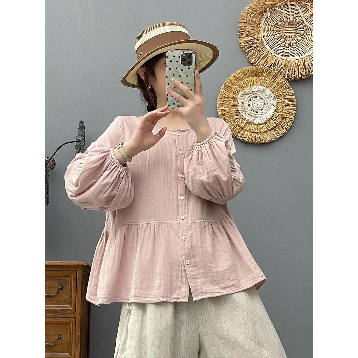 Women's Loose Double-layer Cotton Yarn Top Round Neck